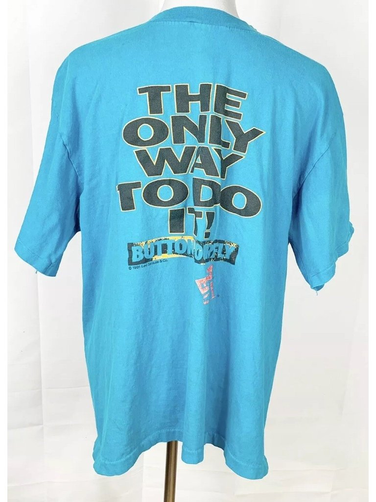 Vintage 1991 Levis 501 Button Fly Graphic TShirt Mens Large Blue Cotton